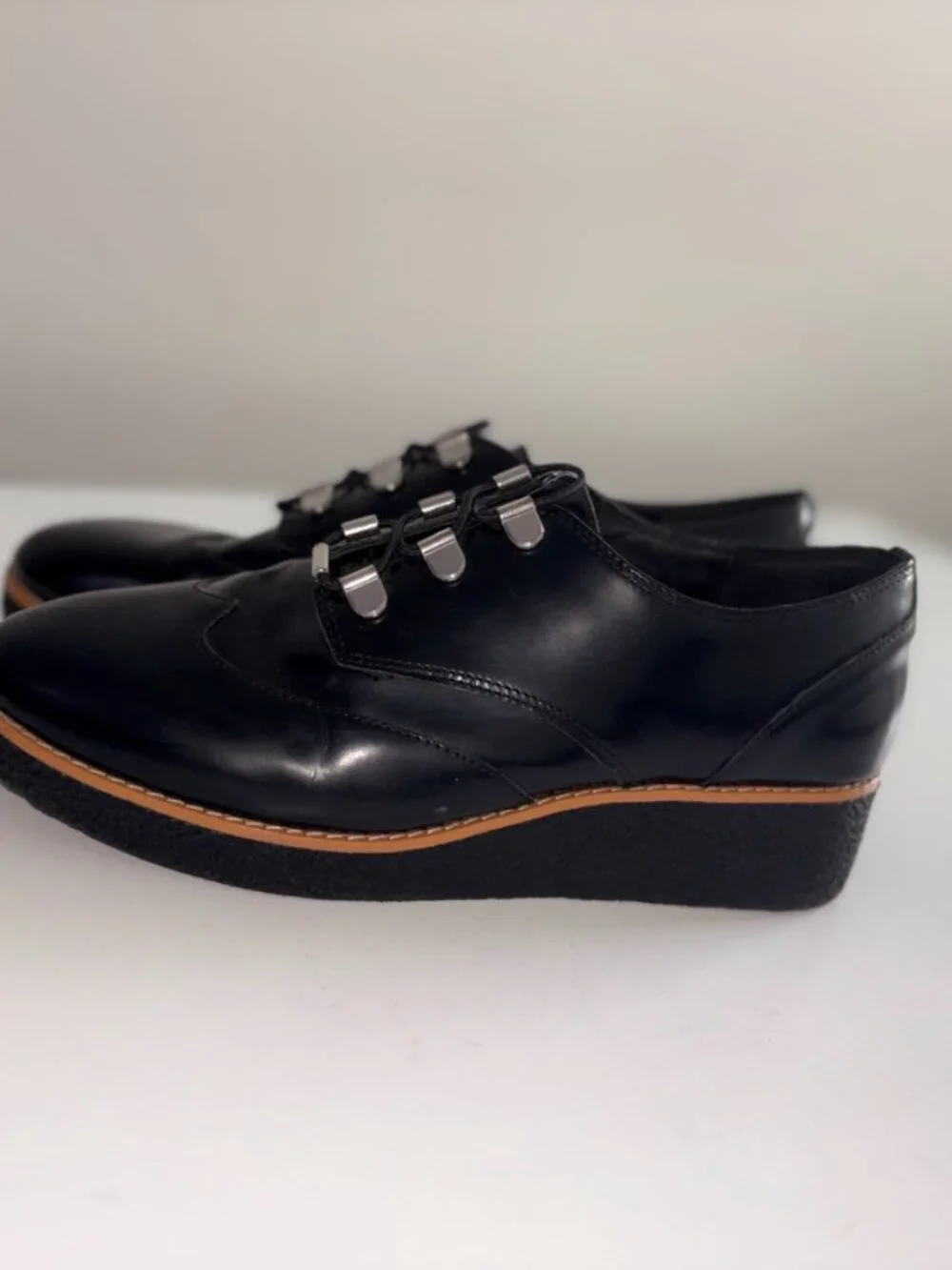 Women's Rebecca Minkoff Polly Platform Oxfords Black Leather Silver Clasps 9